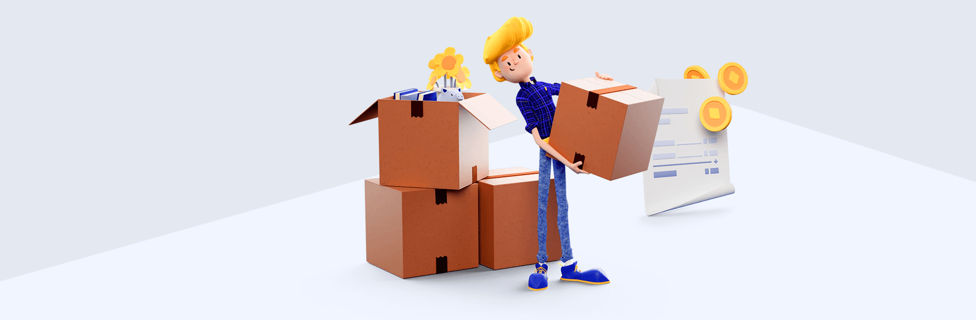 Cartoonillustratie van Tim tussen verhuisdozen met een factuur en euromuntjes eromheen