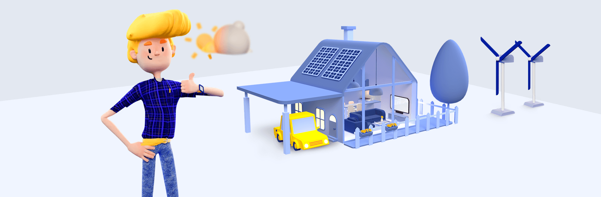 Cartoonillustratie van Tim met duim omhoog naast zijn huis met zonnepanelen en een geel autootje