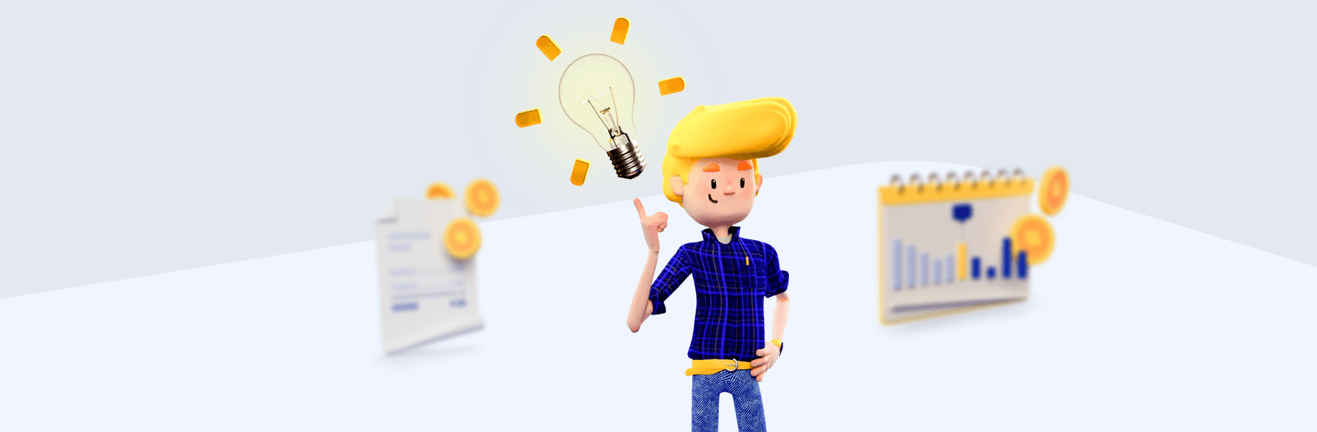 Cartoonillustratie van Tim met een brandend lampje boven zijn hoofd