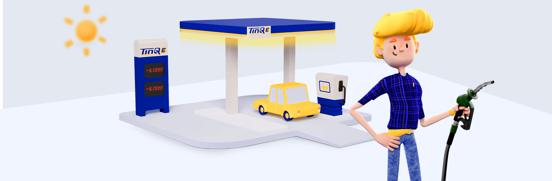 Cartoonillustratie van Tim met een tankslang in zijn hand bij een TinQ tankstation