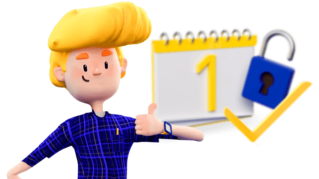 Cartoonillustratie van Tim met een duim omhoog met op de achtergrond een kalender met een slotje