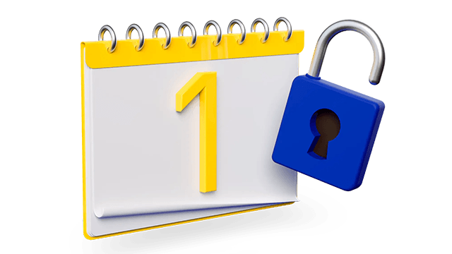 Cartoonillustratie van een kalender met het cijfer 1 en een slotje die staat voor een vaste maandprijs