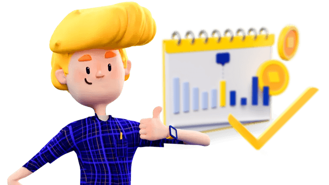 Cartoonillustratie van Tim met een duim omhoog met op de achtergrond een kalender met staafdiagram