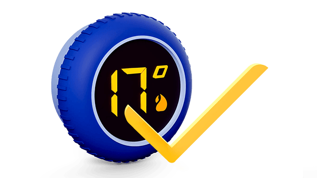 Cartoonillustratie van een thermostaat die 17 graden aangeeft met een grote vink