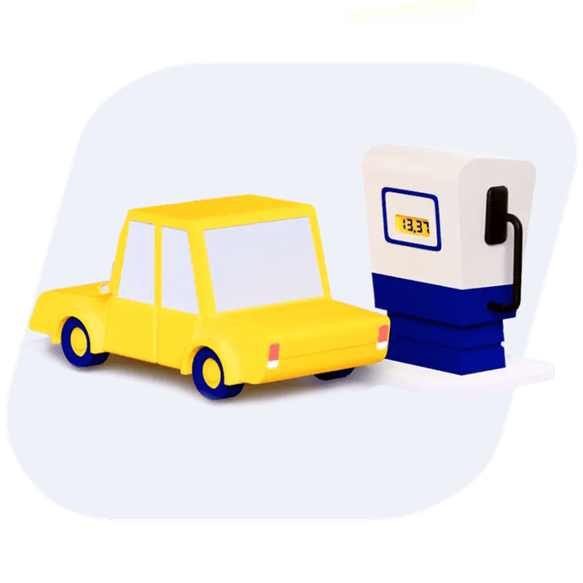 Cartoonillustratie van een geel autootje bij een TinQ tankstation