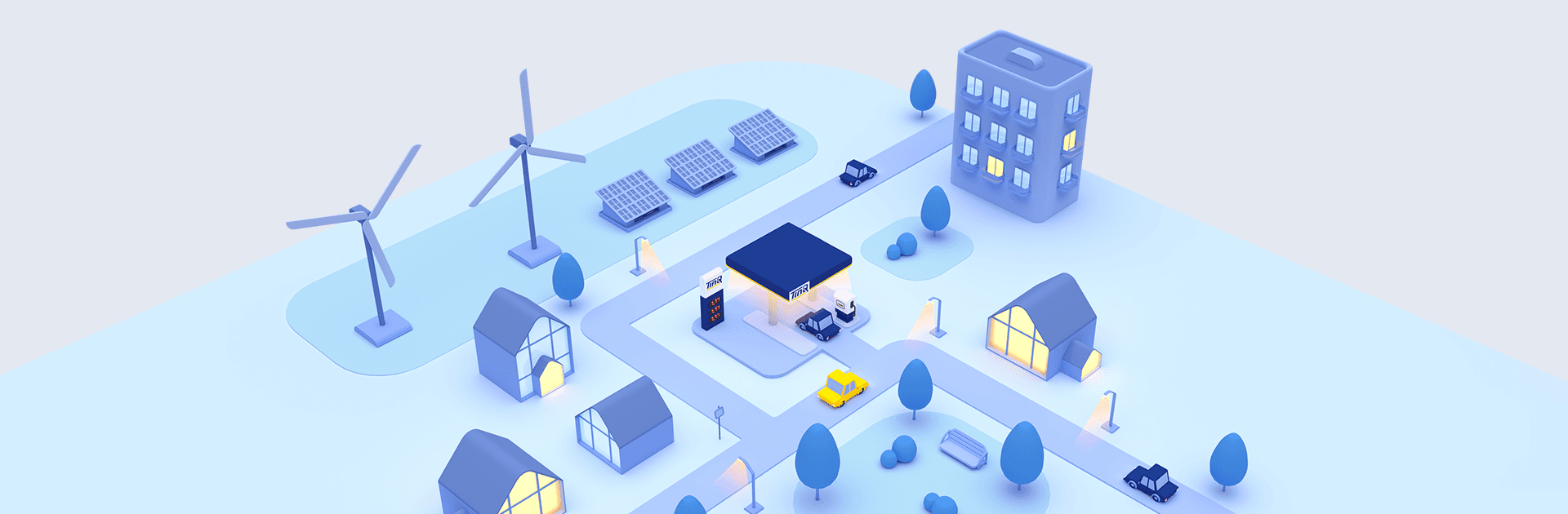 Cartoonillustratie van een wijk met windmolens, zonnepanelen en een TinQ tankstation